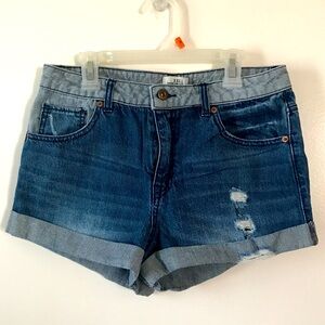 EUC Forever 21 Premium denim colorblocked high-rise cuffed distressed shorts